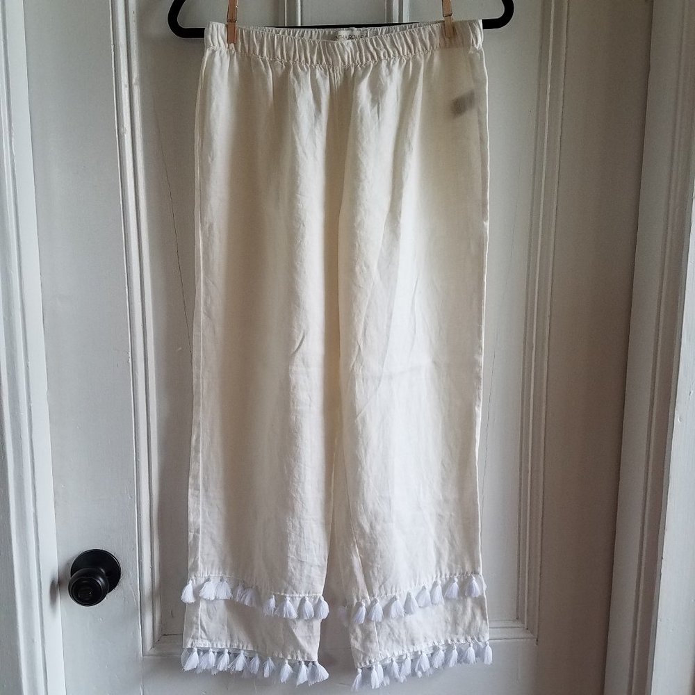 Cynthia Rowley Pull-On Linen Pants~Tassels Accent~Off-White Ivory Cream~S-M NEW